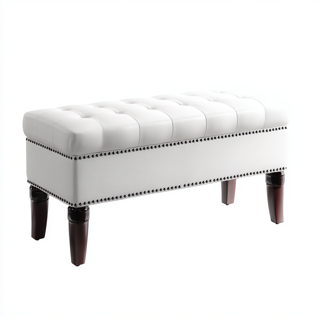 Banco de dormitorio tapizado piel sintética 110x40x45 cm - blanco - estilo clásico - para dormitorio-Miviahanest