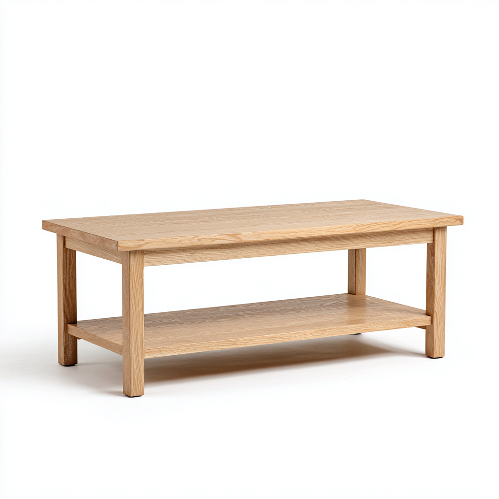 Mesa de centro madera maciza 110x55x45 cm - roble claro - estilo contemporáneo con repisa inferior para salón-Miviahanest