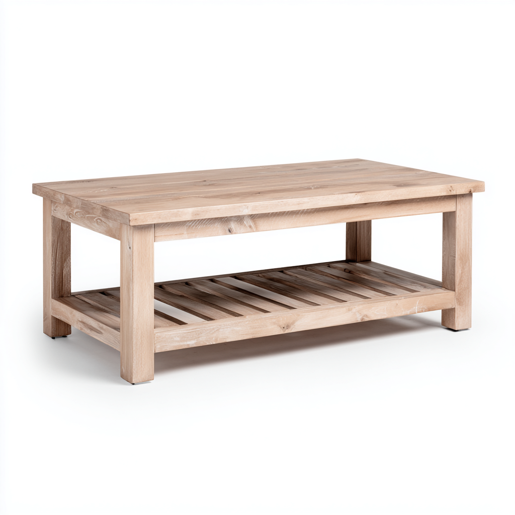 Mesa de centro madera maciza 114x59x46 cm - madera natural - estilo rústico con balda inferior abierta para salón-Miviahanest