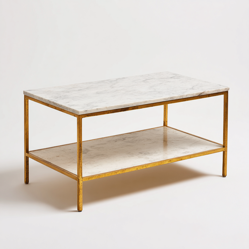 Mesa de centro mármol y metal 119x59x45 cm - blanco - dorado - estilo moderno con repisa inferior para salón-Miviahanest