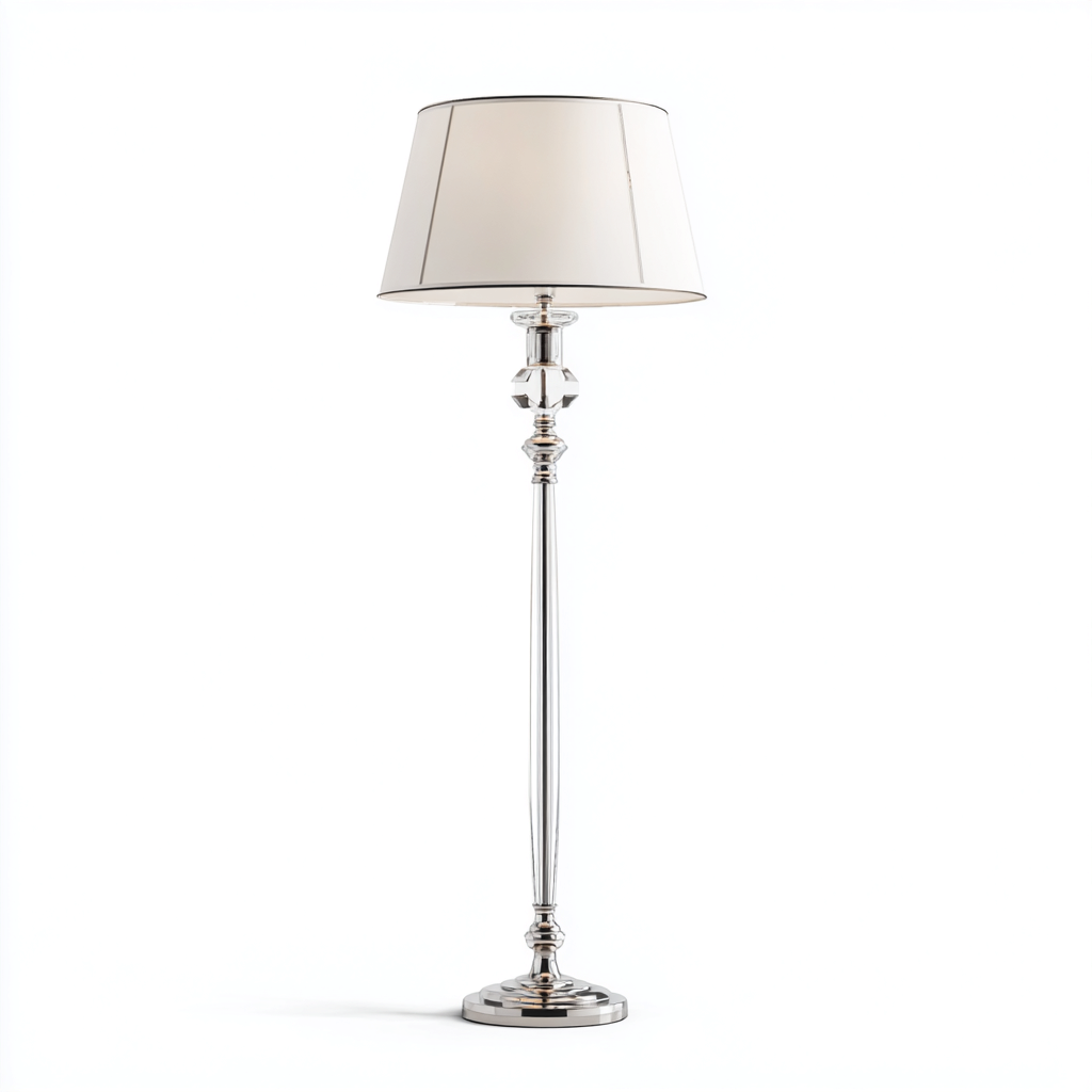 Lámpara de pie metal - tela 32x32x165 cm - Plateado - Blanco - Diseño clásico para salón-Miviahanest