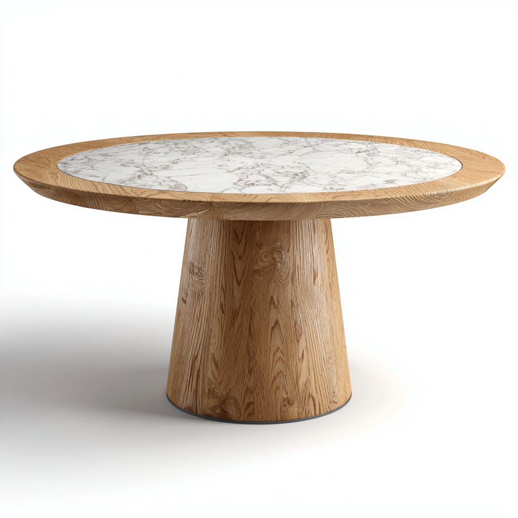 Mesa de comedor apto para comedor tablero redondo de mármol blanco con base de madera roble 140x140x76 cm - blanco - madera natural - diseño moderno-Miviahanest