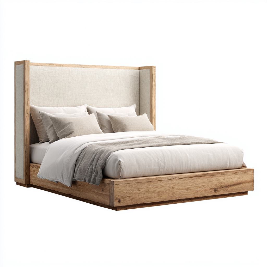 Cama matrimonial tapizada de tela y madera maciza 200x180x118 cm - beige - diseño moderno apto para dormitorio-Miviahanest