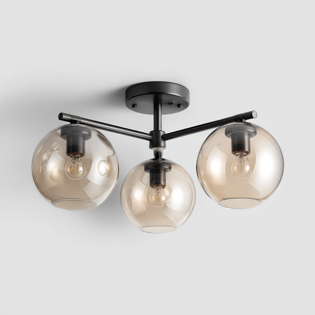 Lámpara de techo metal - vidrio 44x44x26 cm - ámbar - negro - apta para salón - dormitorio - diseño moderno industrial-Miviahanest