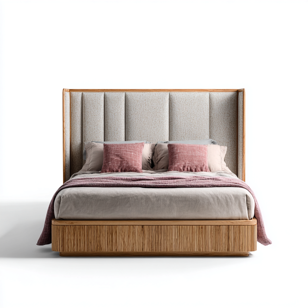 Cama matrimonial de madera y tapizado 200x180x140 cm color madera - beige para dormitorio diseño moderno-Miviahanest
