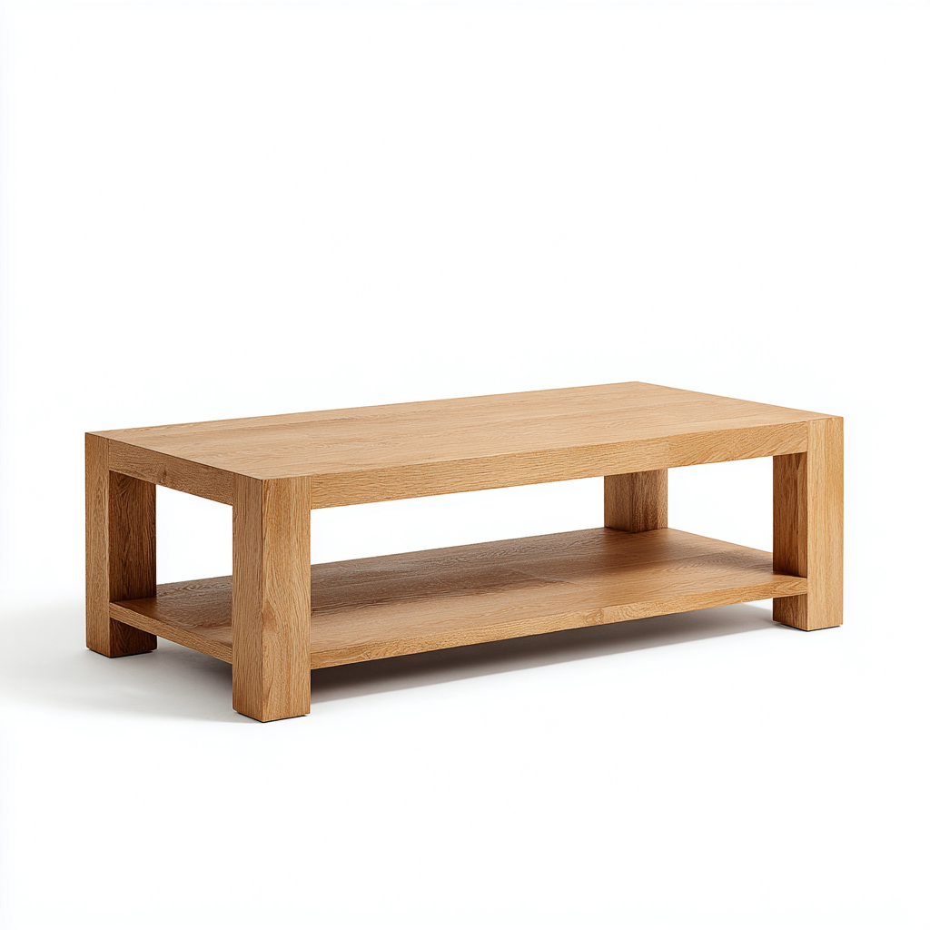 Mesa de centro madera maciza 118x61x45 cm - roble natural - estilo moderno con repisa inferior para salón-Miviahanest