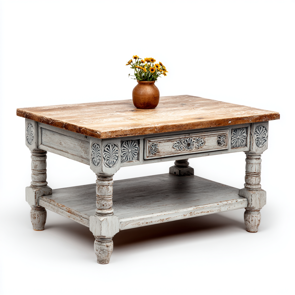 Mesa de centro de madera maciza 100x60x48 cm - marrón - blanco envejecido - estilo rústico para salón-Miviahanest