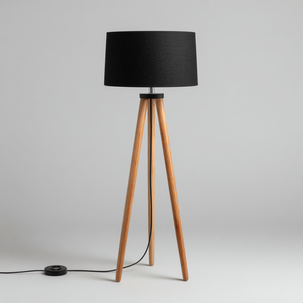Lámpara de pie madera - tela 40x40x135 cm - Negro - Marrón - Diseño moderno para salón-Miviahanest
