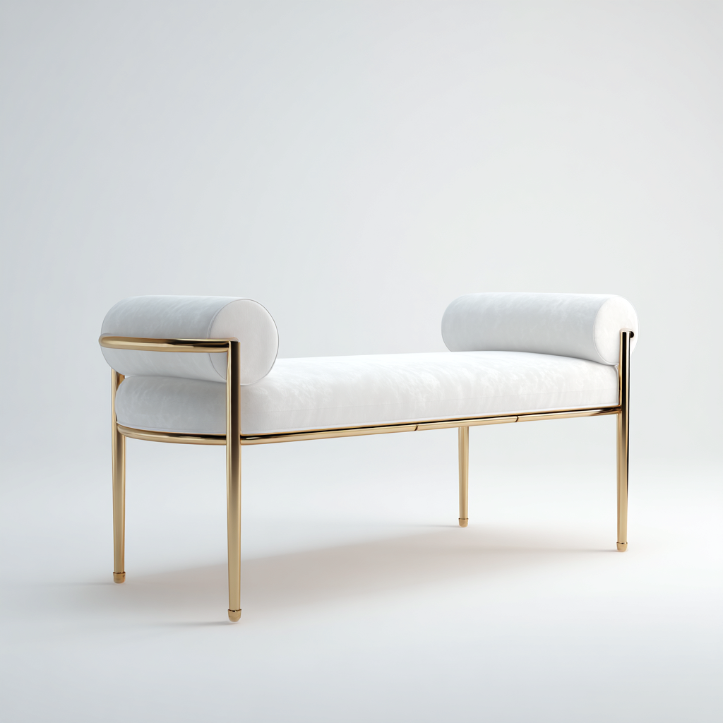 Banco de dormitorio tapizado en tela 125x40x50 cm - blanco - dorado - diseño moderno con reposabrazos apto para dormitorio-Miviahanest