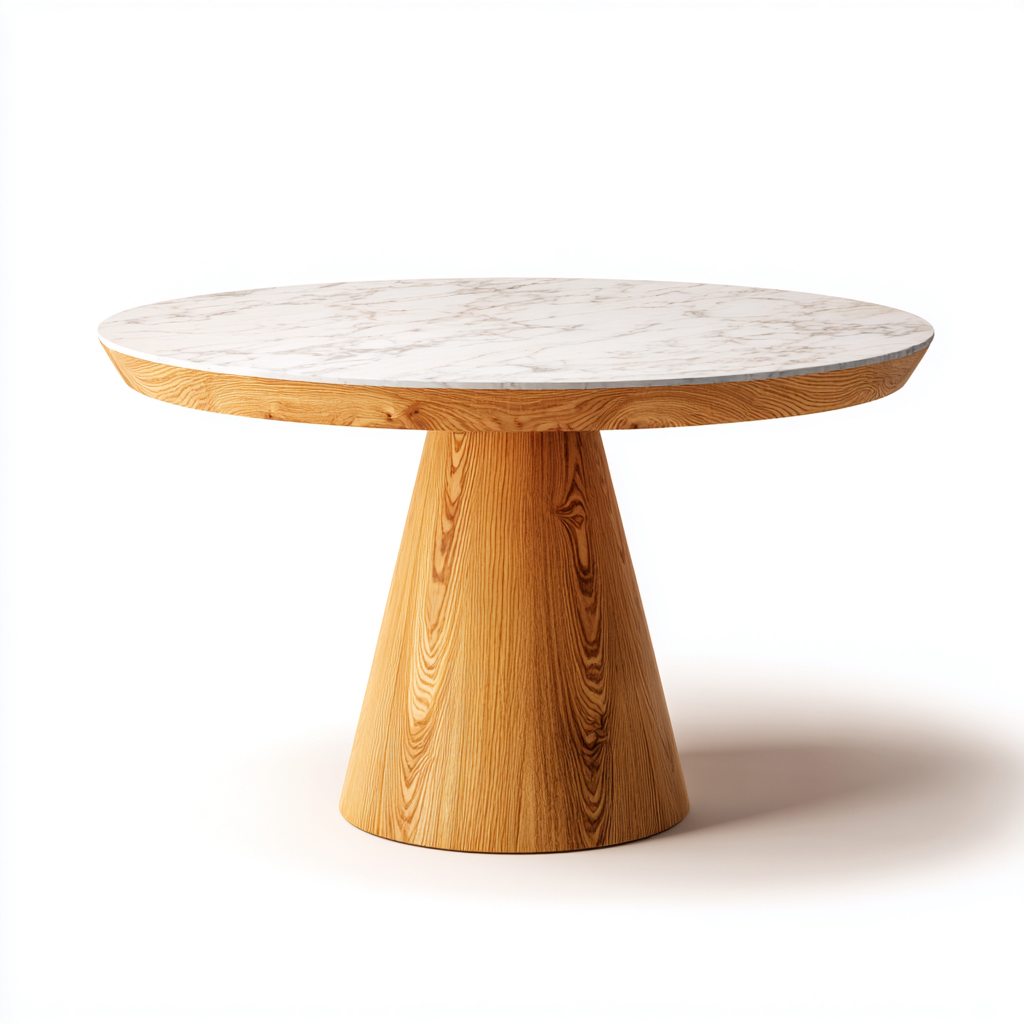 Mesa de comedor apto para comedor tablero redondo de mármol blanco con base de madera natural 140x140x76 cm - blanco - madera natural - diseño moderno-Miviahanest