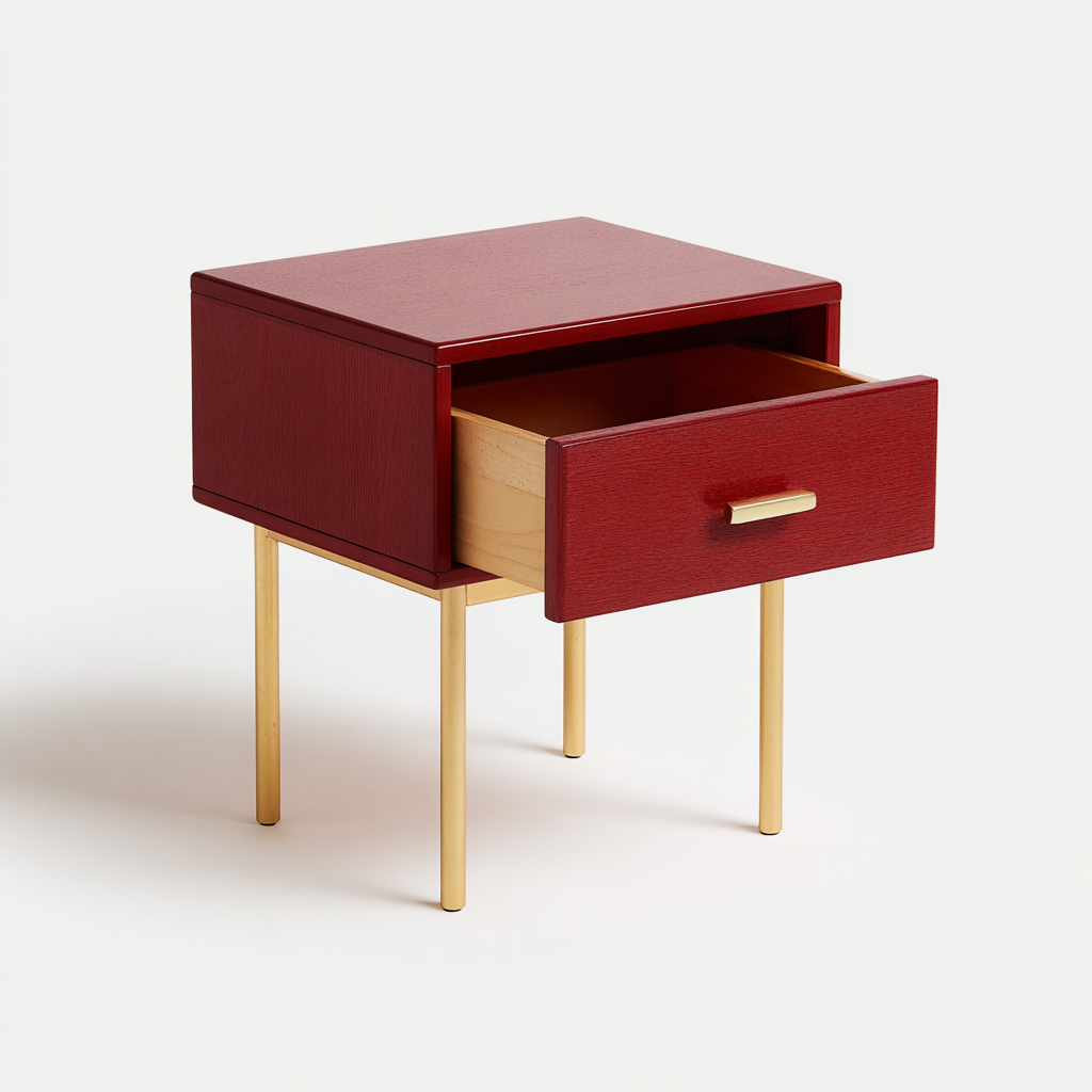 Mesita de noche madera - metal 48x38x55 cm - rojo - diseño moderno para dormitorio-Miviahanest