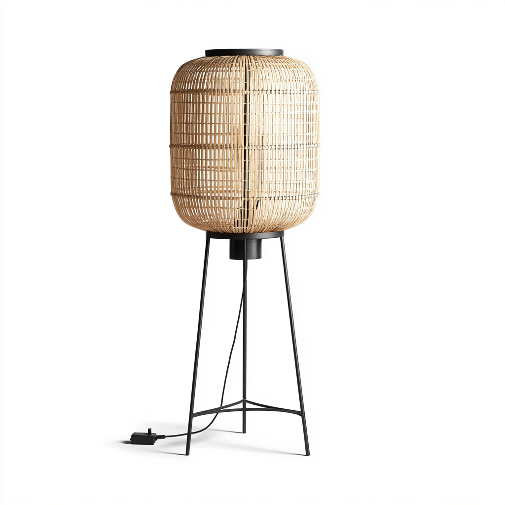 Lámpara de pie metal - ratán 34x34x110 cm - Negro - Beige - Diseño moderno para salón-Miviahanest