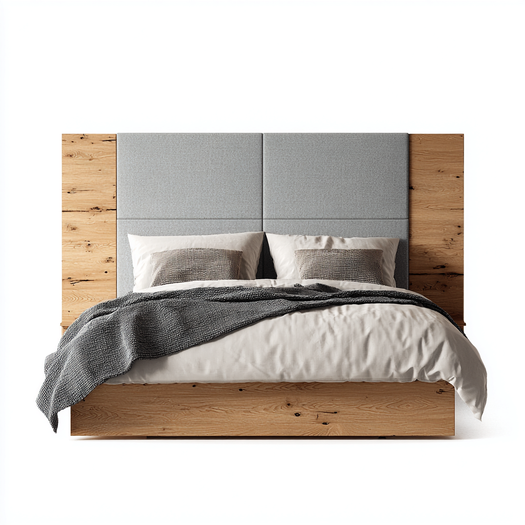 Cama matrimonial de madera y tapizado 200x180x135 cm color madera - gris para dormitorio diseño moderno-Miviahanest