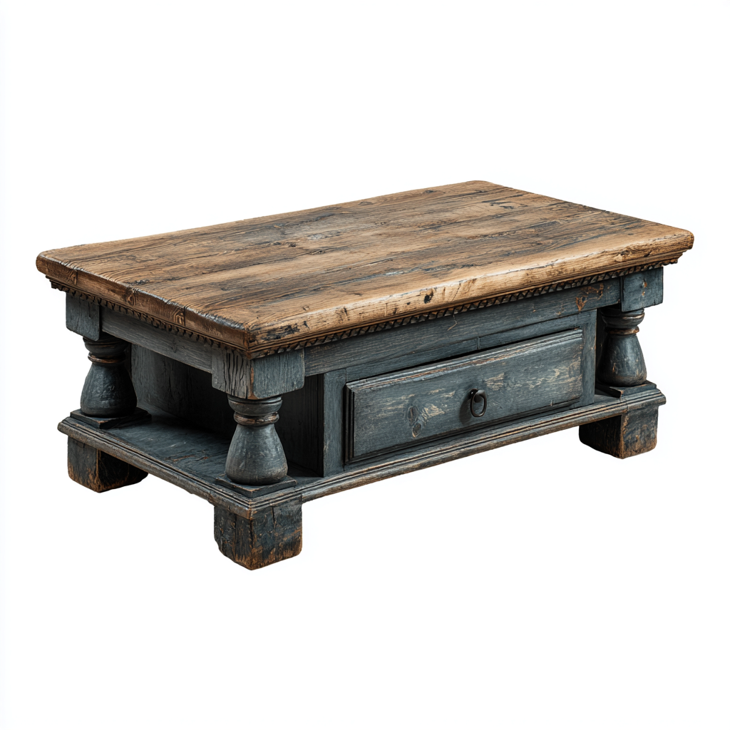 Mesa de centro de madera maciza 110x60x45 cm - marrón - azul - estilo rústico para salón-Miviahanest