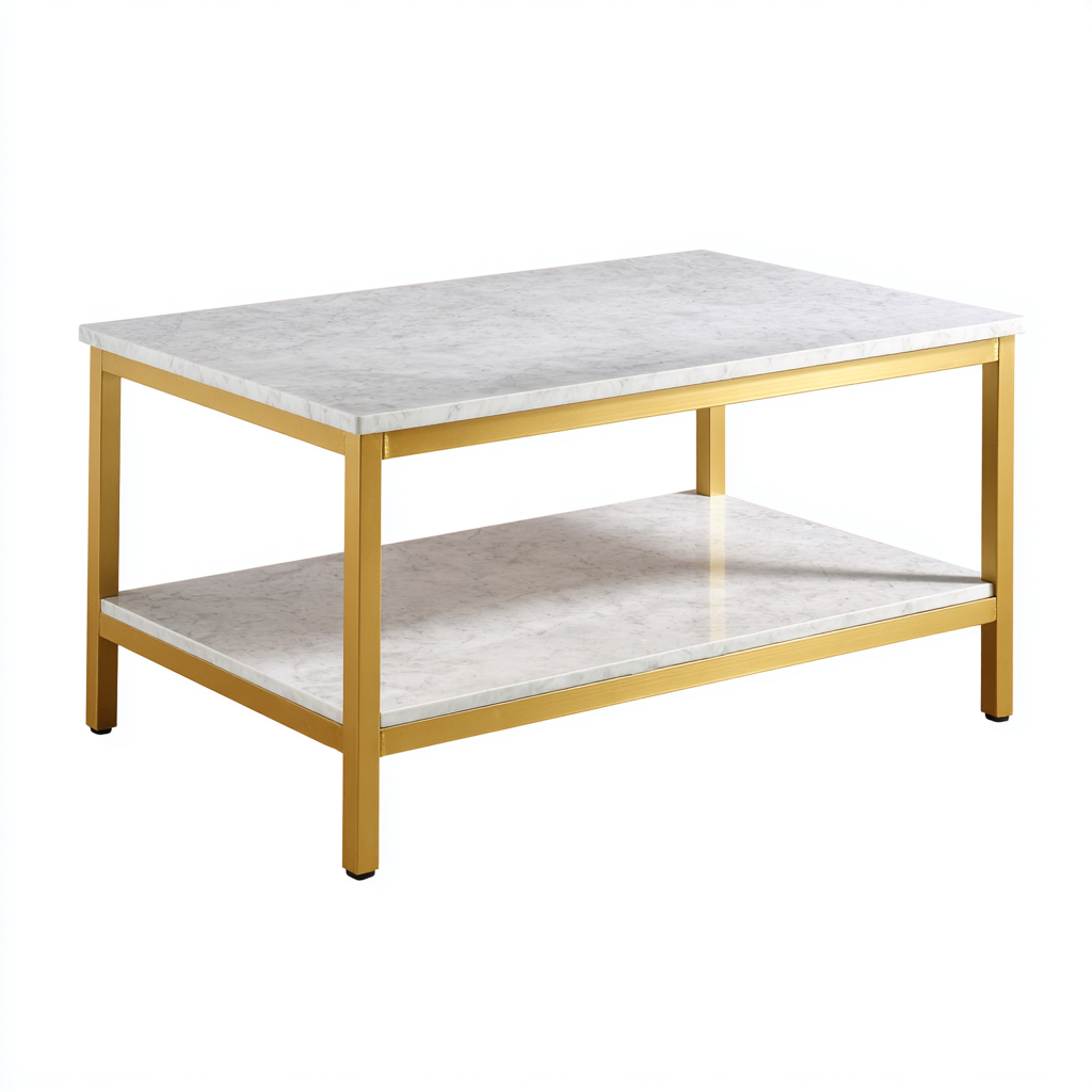 Mesa de centro mármol y metal 110x58x47 cm - blanco - dorado - estilo moderno con repisa inferior para salón-Miviahanest