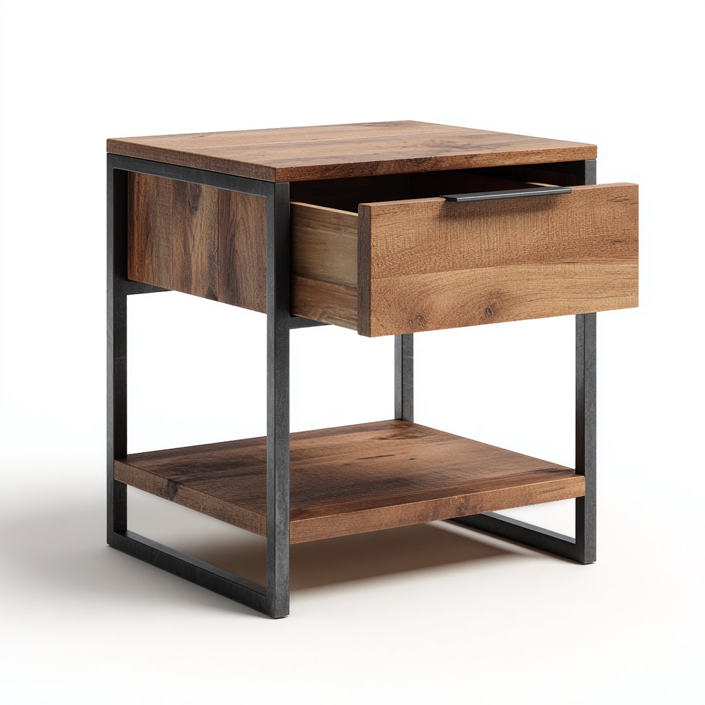 Mesita de noche madera - metal 48x38x54 cm - marrón - negro - estilo industrial apto para dormitorio-Miviahanest