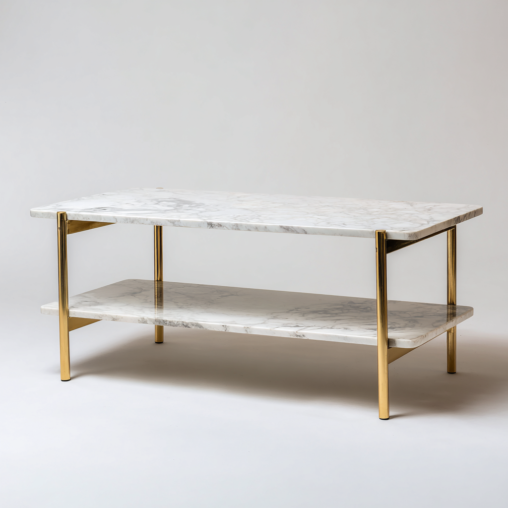 Mesa de centro mármol y metal 122x60x46 cm - blanco - dorado - estilo moderno con repisa inferior para salón-Miviahanest