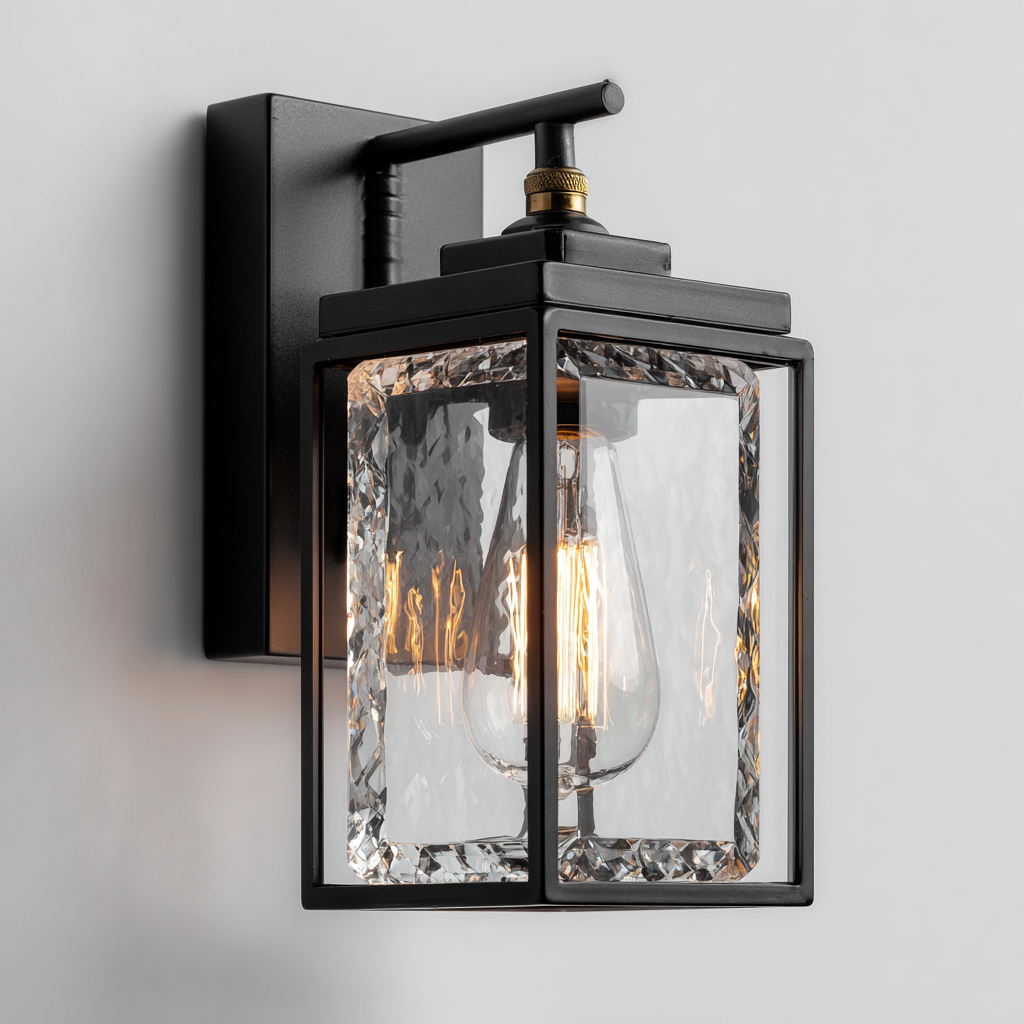 Aplique de pared metal y vidrio 16x14x26 cm - negro - transparente - para pasillo y dormitorio - diseño moderno-Monoiohome