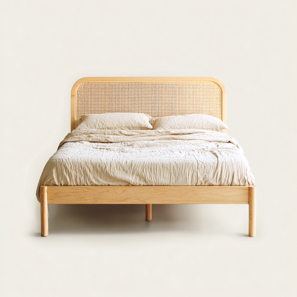 Cama doble madera maciza cabecero de ratán 200x180x115 cm - madera natural - diseño moderno para dormitorio-Monoiohome
