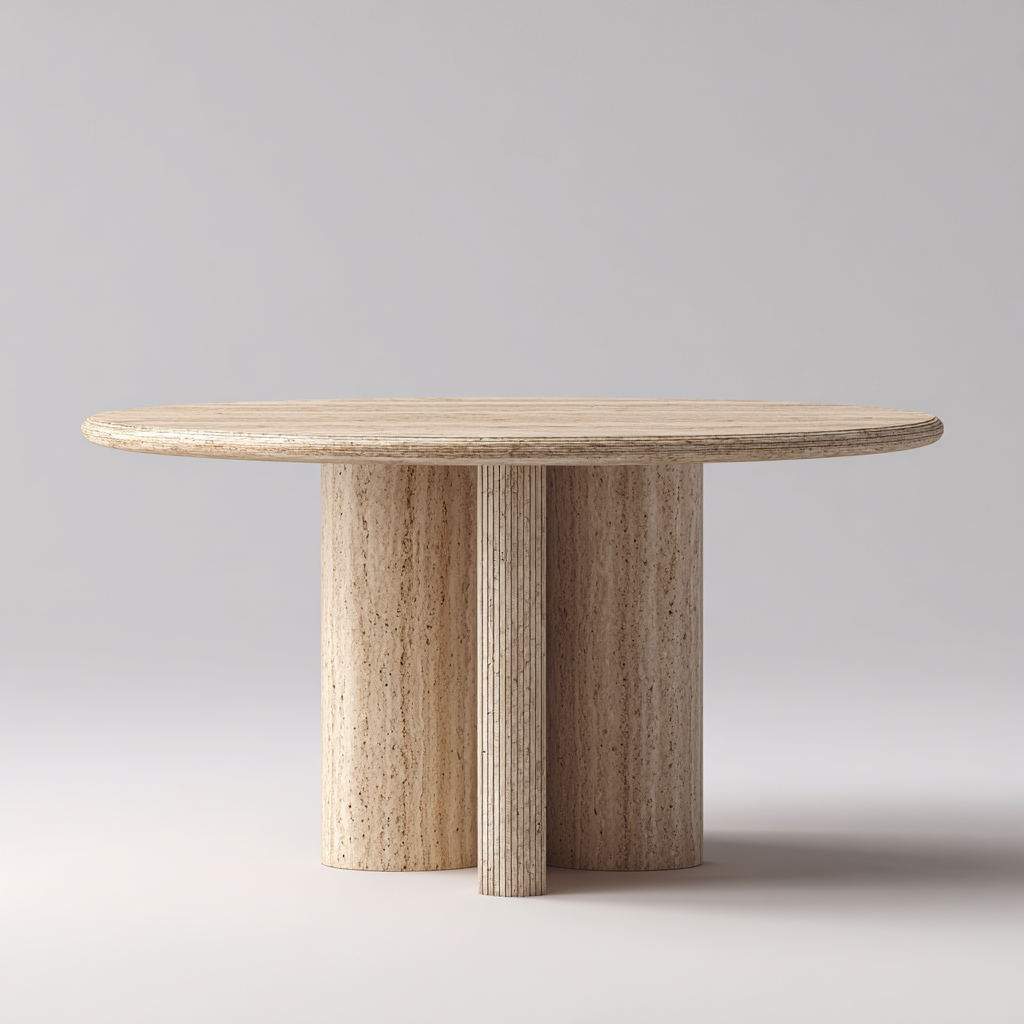 Mesa de comedor redonda piedra travertino 120x120x75 cm color beige - diseño escultórico - apta para comedor-Monoiohome