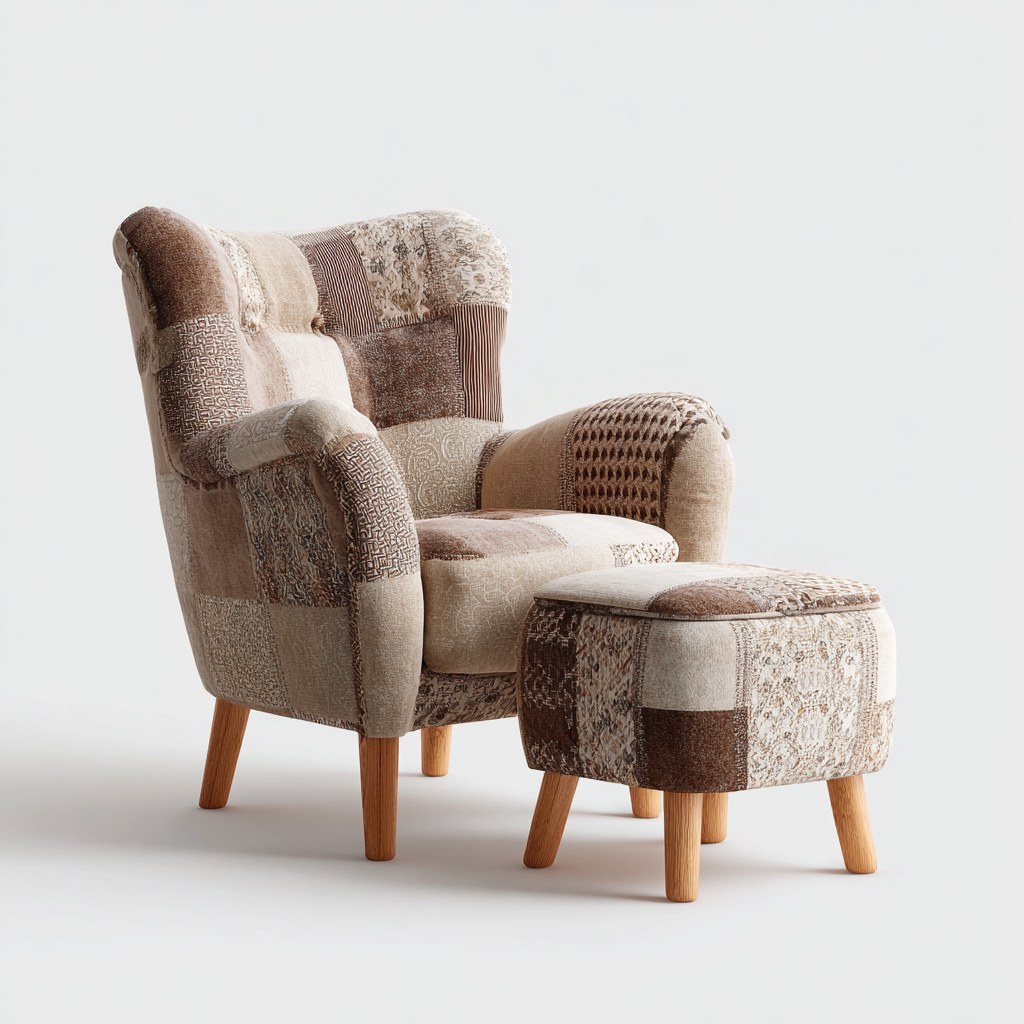 Sillón tapizado patchwork 85x80x100 cm - multicolor - apto para salón - estilo nórdico con reposapiés-Monoiohome