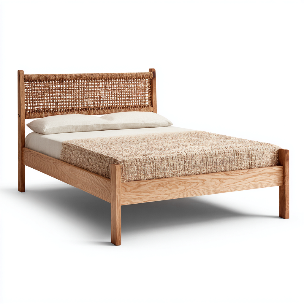 Cama doble madera maciza cabecero tejido 200x180x121 cm - madera natural - diseño moderno para dormitorio-Monoiohome