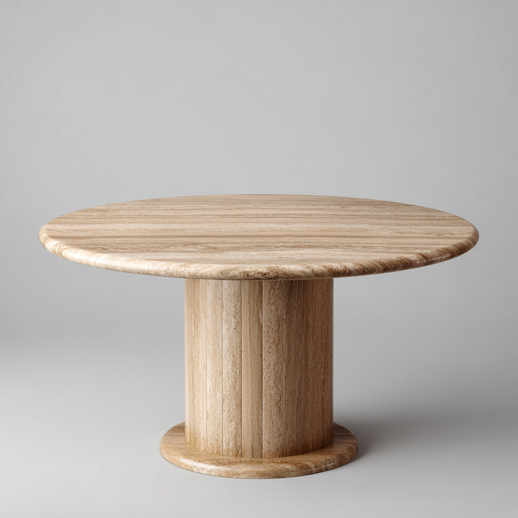 Mesa de comedor redonda piedra travertino 120x120x75 cm color beige - diseño escultórico - apta para comedor-Monoiohome