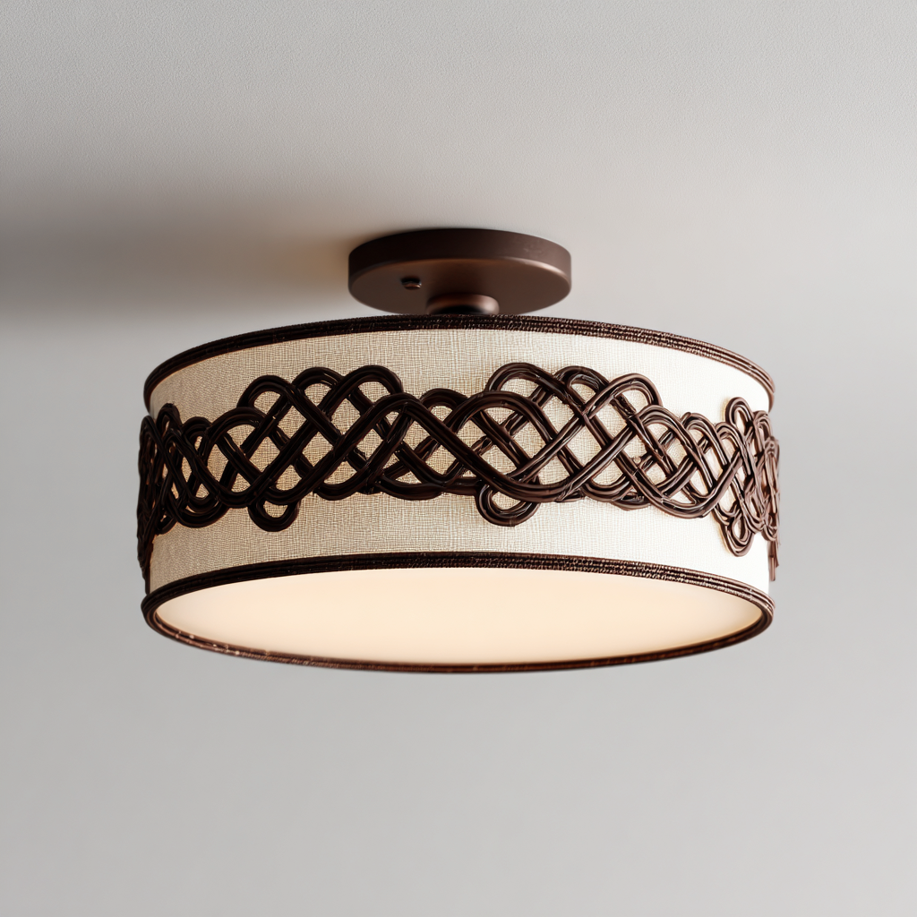 Lámpara de techo metal - tela 35x35x18 cm - beige - marrón - estilo artesanal rattan para iluminación interior-Monoiohome
