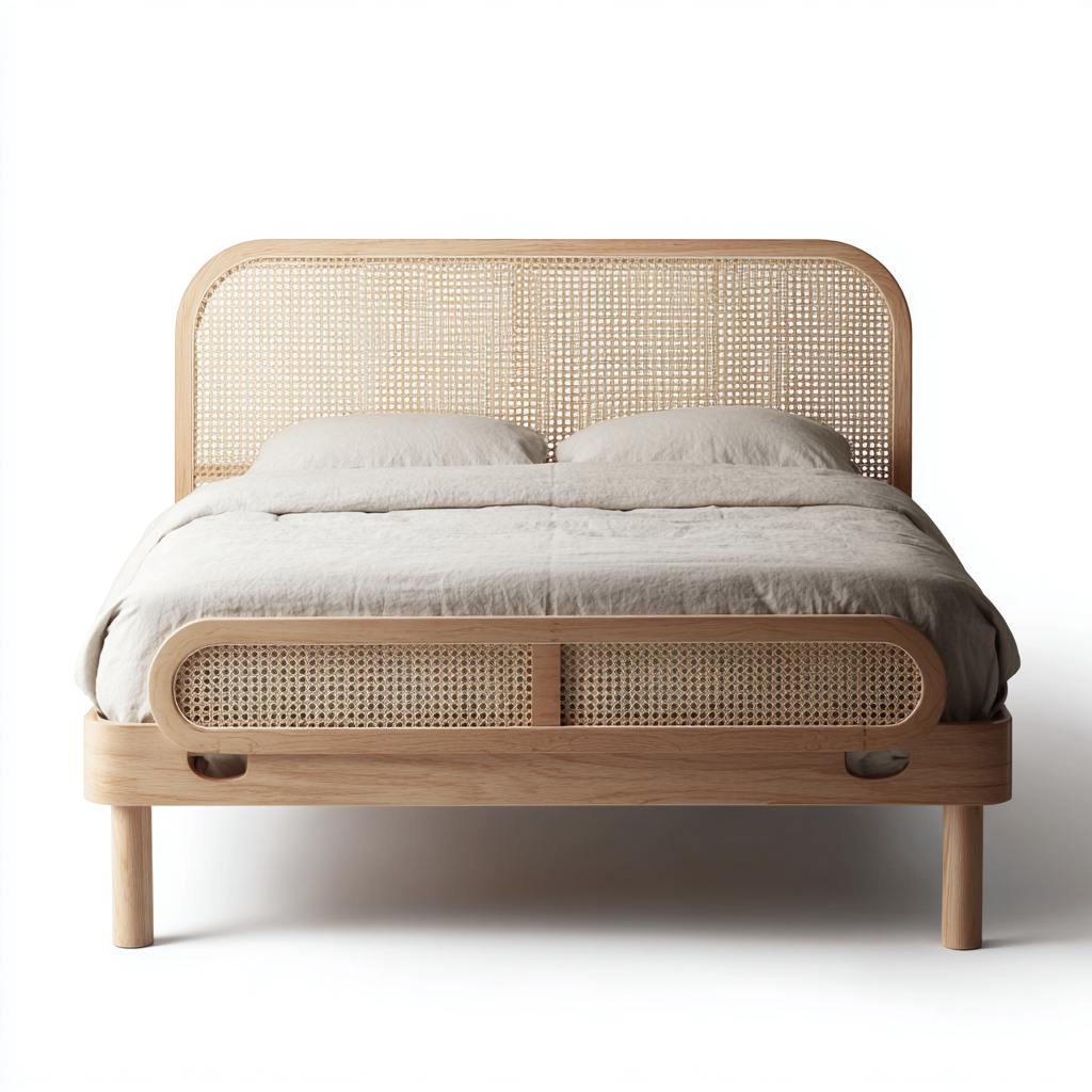 Cama doble madera maciza cabecero y piecera de ratán 200x180x123 cm - madera natural - diseño moderno para dormitorio-Monoiohome