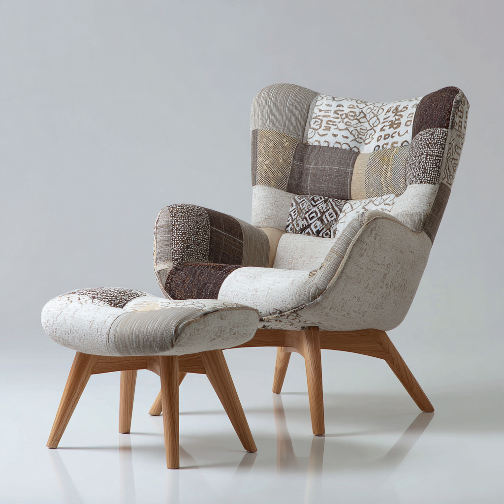 Sillón tapizado patchwork 87x81x102 cm - multicolor - apto para salón - estilo nórdico con reposapiés-Monoiohome