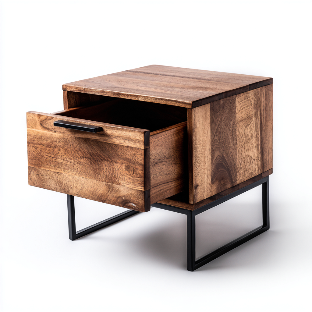 Mesita de noche metal - madera 48x40x55 cm - madera natural - negro - diseño moderno - apta para dormitorio-Monoiohome