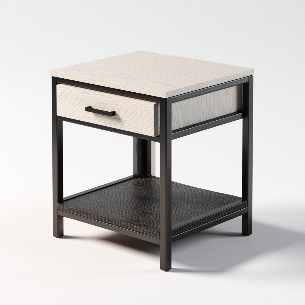 Mesita de noche metal - madera 48x40x55 cm - madera clara - negro - diseño moderno - apta para dormitorio-Monoiohome
