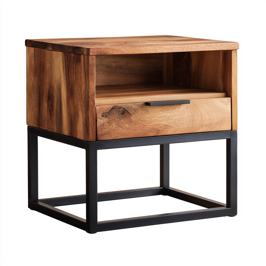 Mesita de noche metal - madera 48x40x55 cm - madera natural - negro - diseño moderno - apta para dormitorio-Monoiohome
