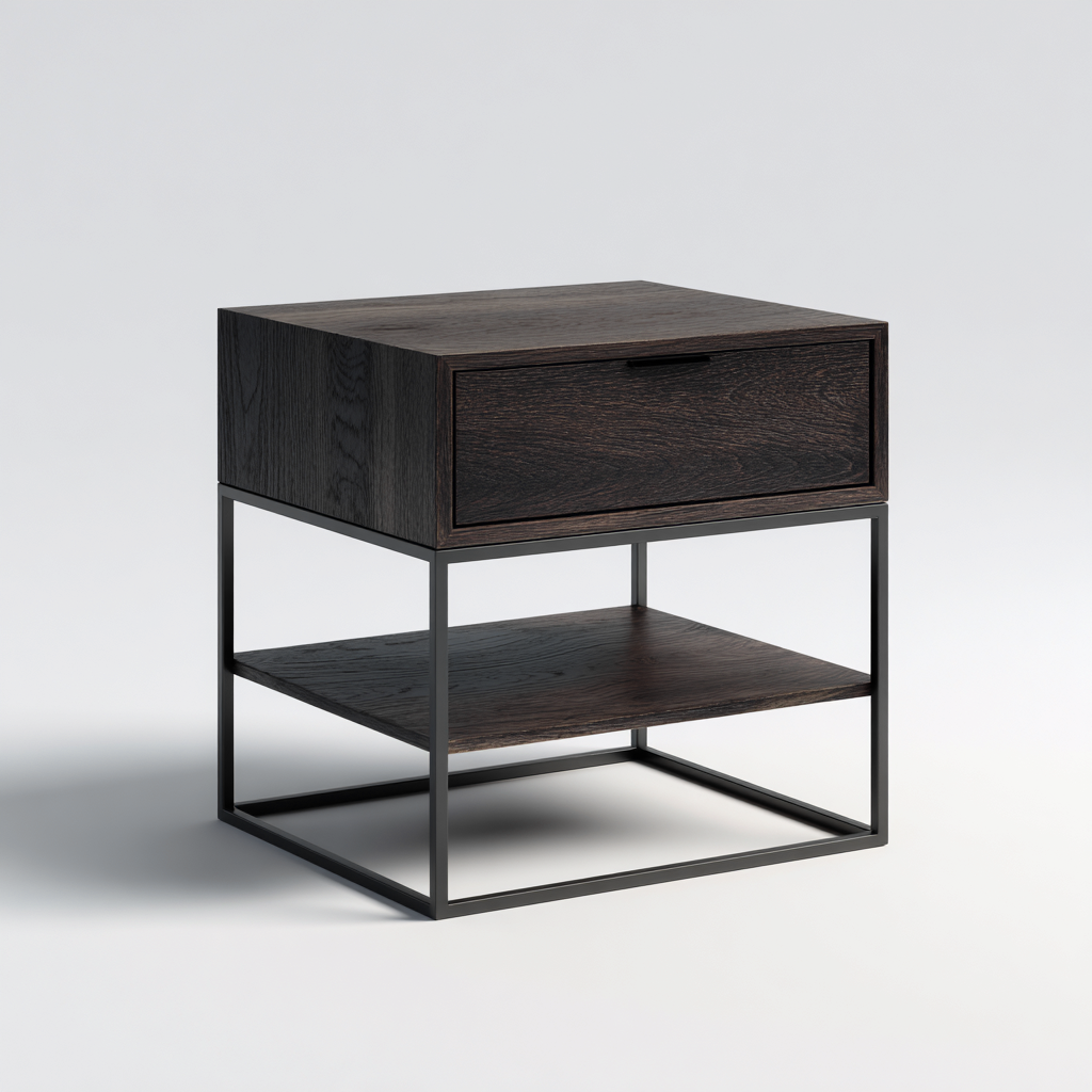 Mesita de noche metal - madera 45x40x55 cm - madera oscura - negro - diseño moderno - apta para dormitorio-Monoiohome