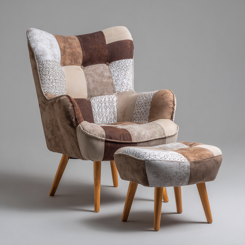 Sillón tapizado patchwork 89x83x103 cm - multicolor - apto para salón - estilo nórdico con reposapiés-Monoiohome