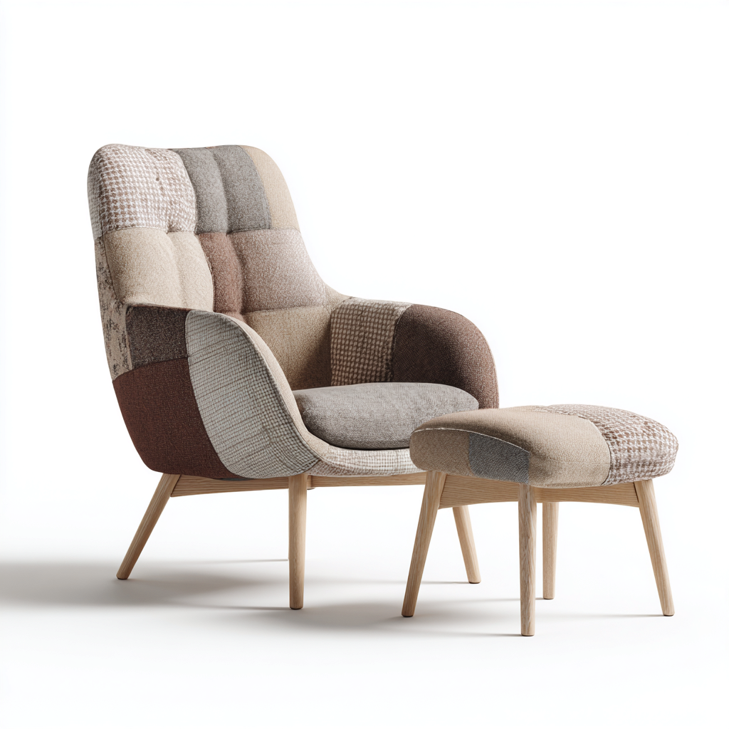 Sillón tapizado patchwork 88x82x102 cm - multicolor - apto para salón - estilo nórdico con reposapiés-Monoiohome