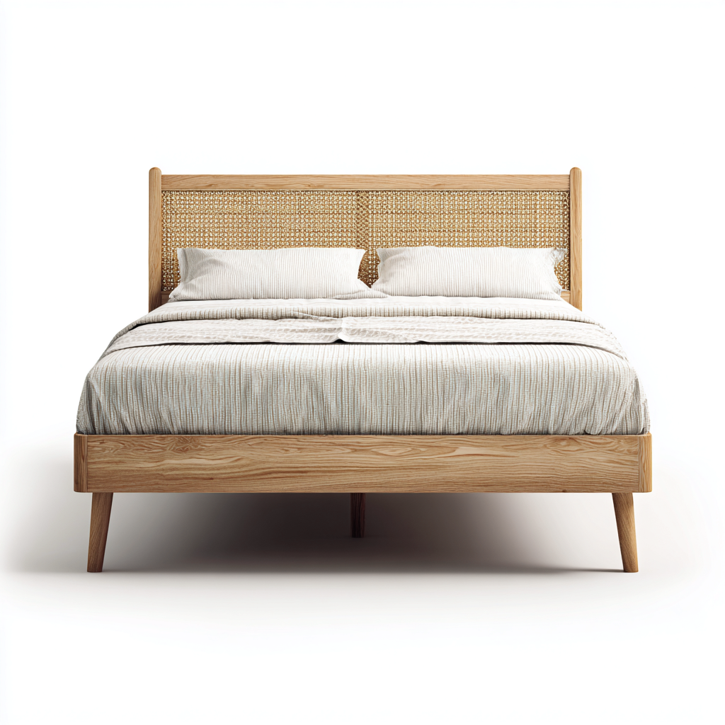 Cama doble madera maciza cabecero de ratán 200x180x118 cm - madera natural - diseño moderno para dormitorio-Monoiohome