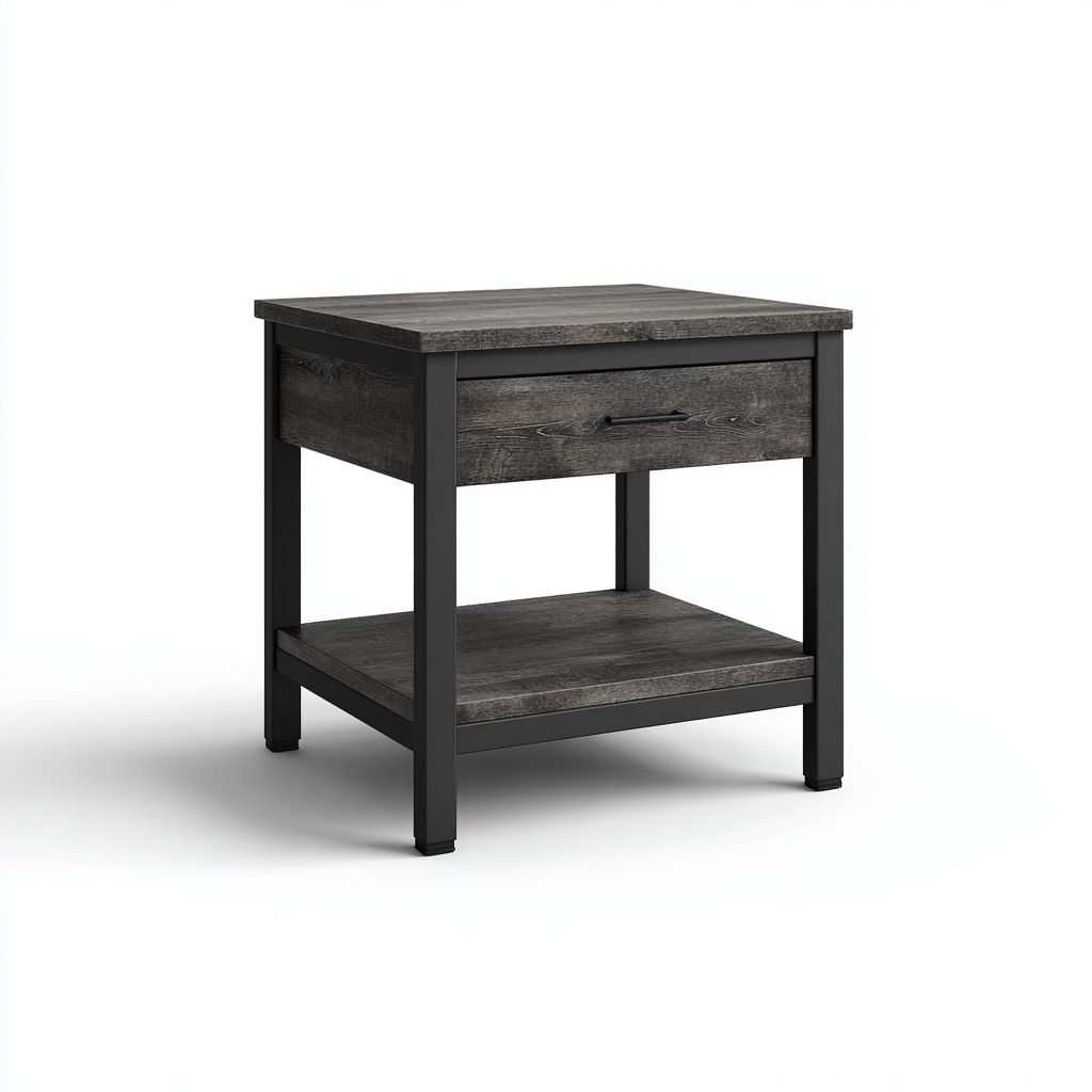 Mesita de noche metal - madera 48x40x55 cm - gris oscuro - negro - diseño moderno - apta para dormitorio-Monoiohome