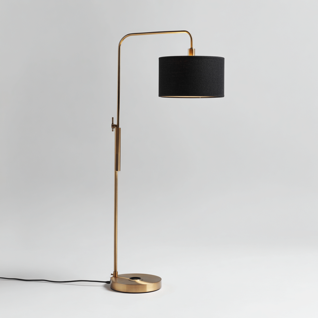 Lámpara de pie metal - tela 38x38x155 cm - negro - oro - diseño moderno con brazo articulado para salón-Monoiohome