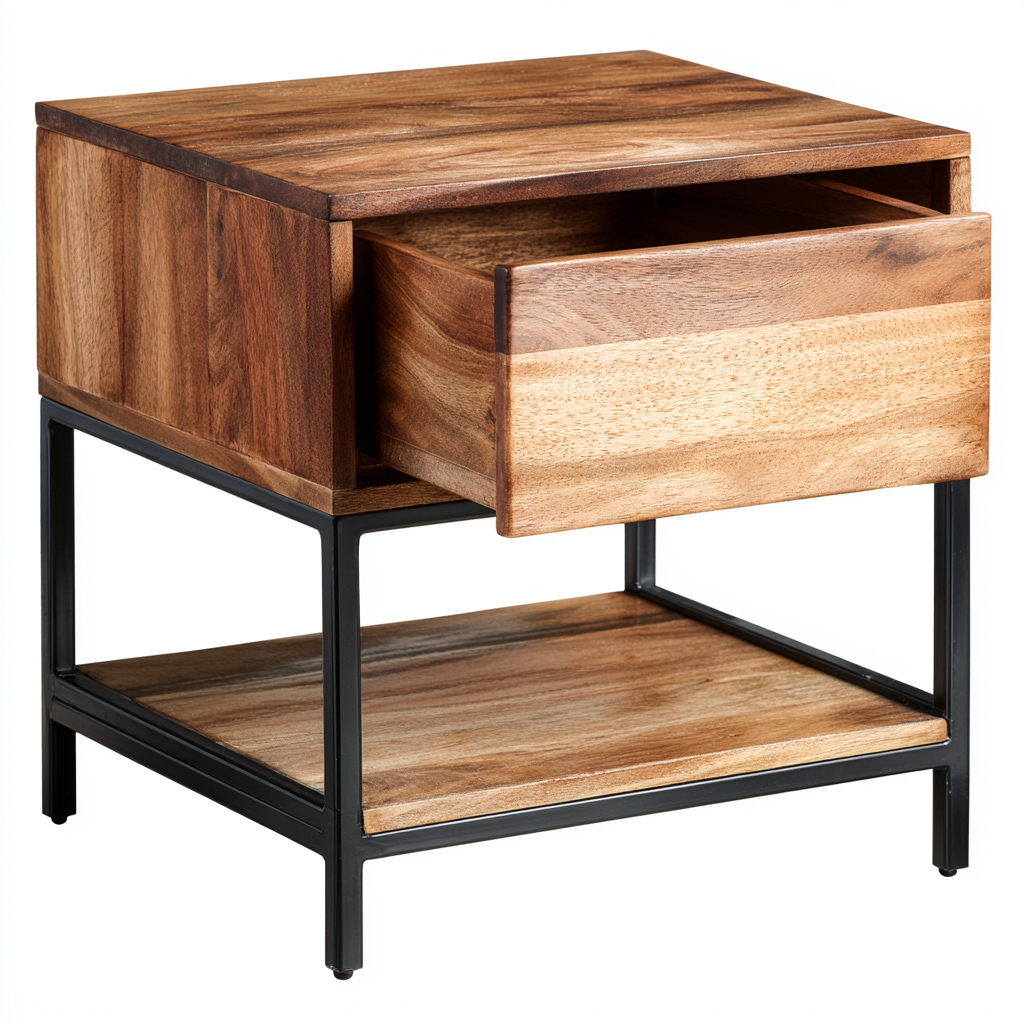 Mesita de noche metal - madera 48x40x55 cm - madera natural - negro - diseño moderno - apta para dormitorio-Monoiohome