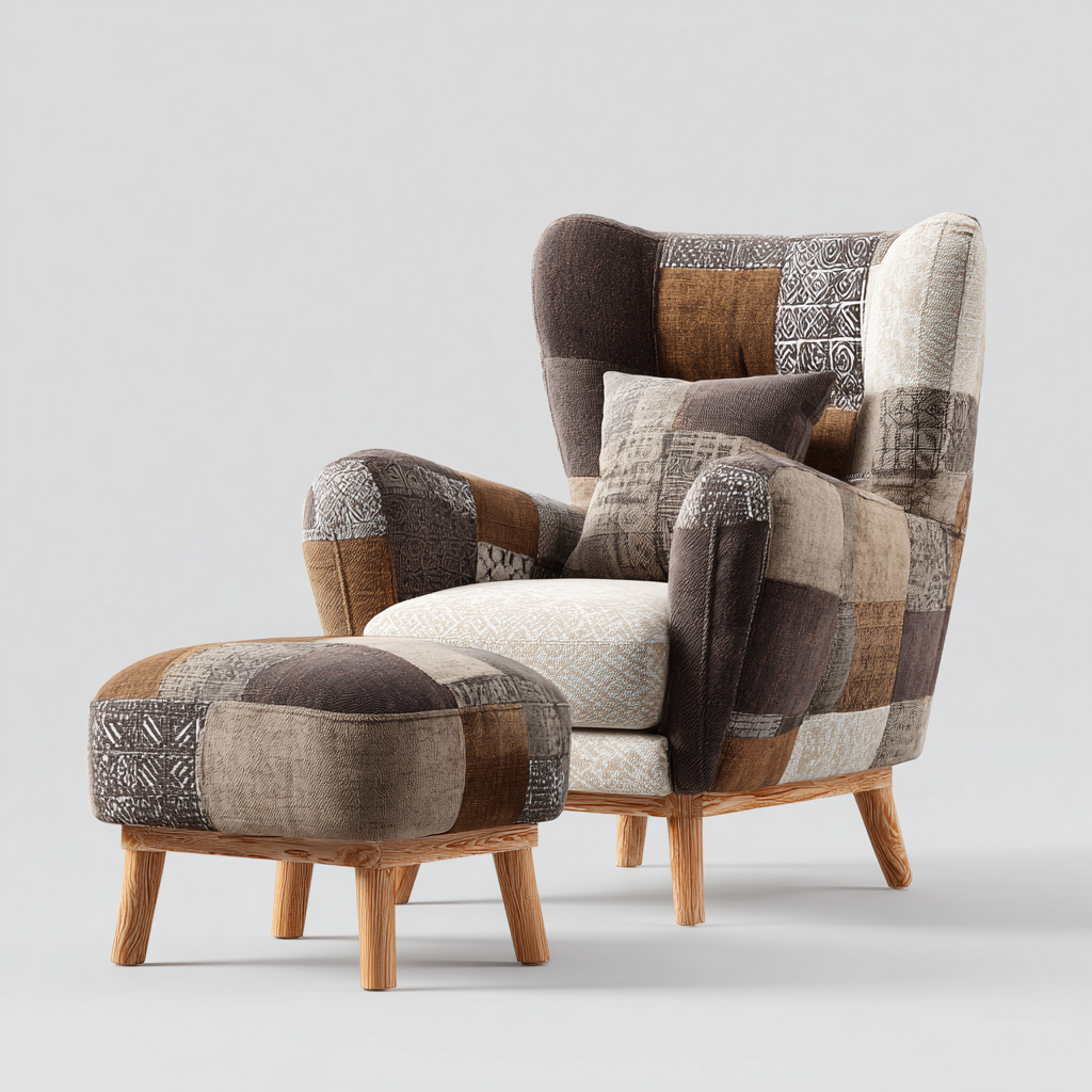 Sillón tapizado patchwork 88x82x103 cm - multicolor - apto para salón - estilo nórdico con reposapiés-Monoiohome
