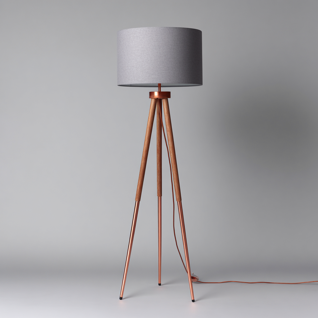 Lámpara de pie metal - madera - tela 40x40x155 cm - gris - cobre - madera natural - diseño moderno con trípode para salón-Monoiohome
