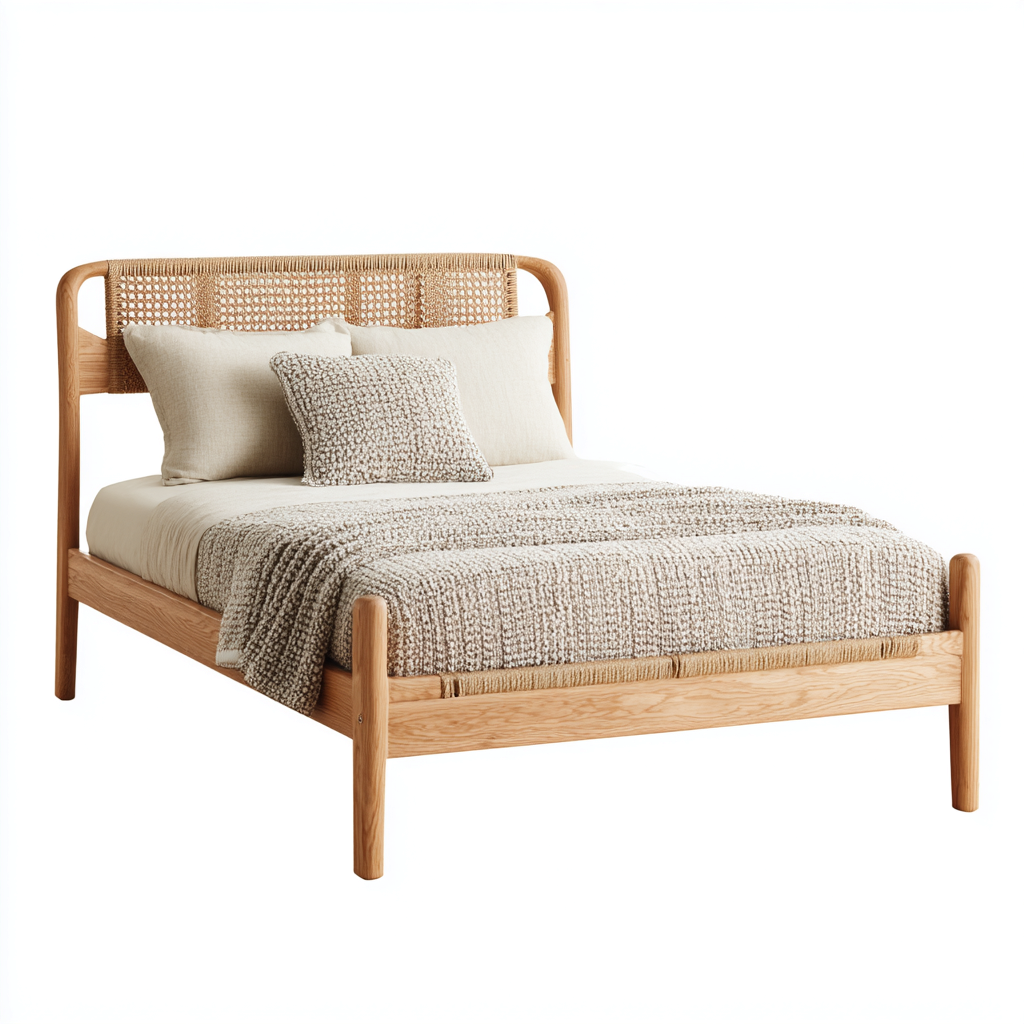 Cama doble madera maciza y ratán 200x180x108 cm - natural - estilo mediterráneo para dormitorio-Monoiohome