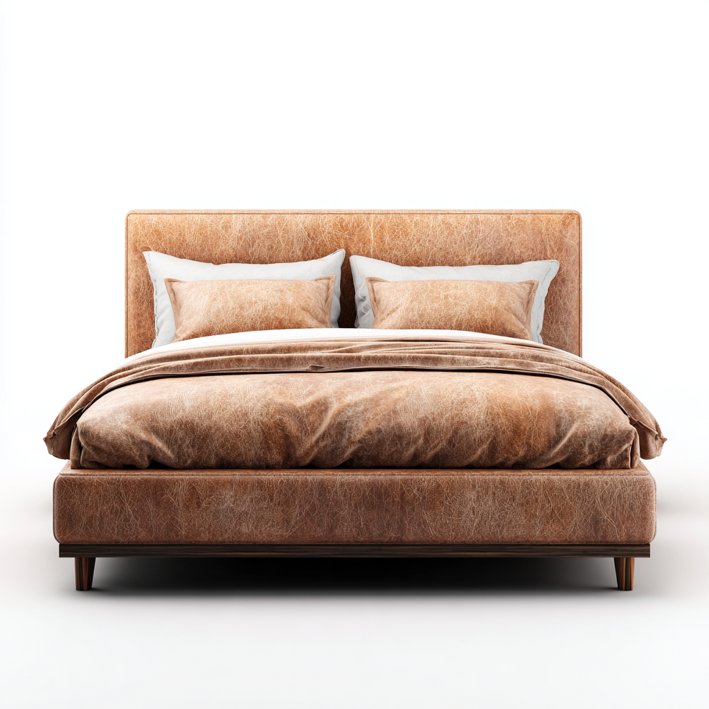 Cama doble piel tapizada madera maciza 200x180x112 cm - marrón - diseño moderno para dormitorio-Monoiohome