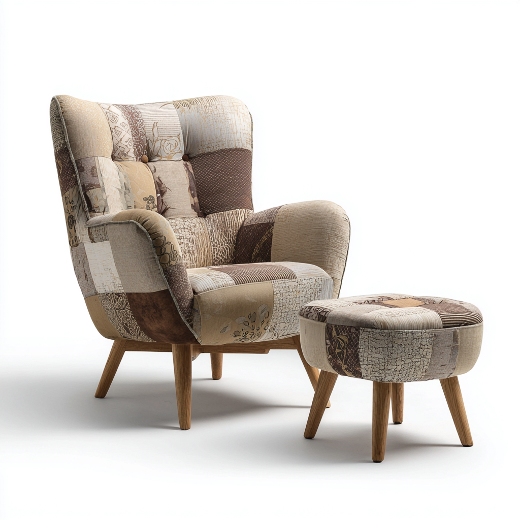 Sillón tapizado patchwork 89x84x103 cm - multicolor - apto para salón - estilo nórdico con reposapiés-Monoiohome
