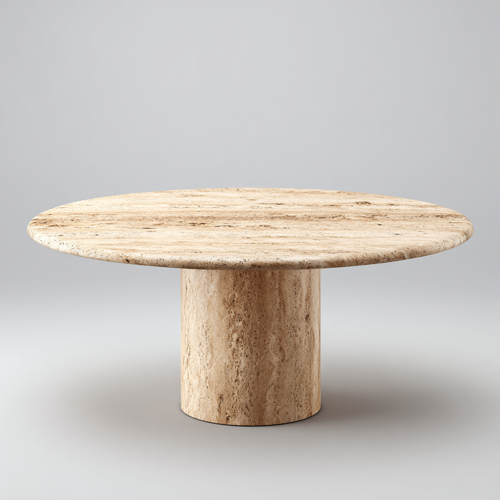 Mesa de comedor redonda piedra travertino 120x120x75 cm color beige - diseño minimalista - apta para comedor-Monoiohome