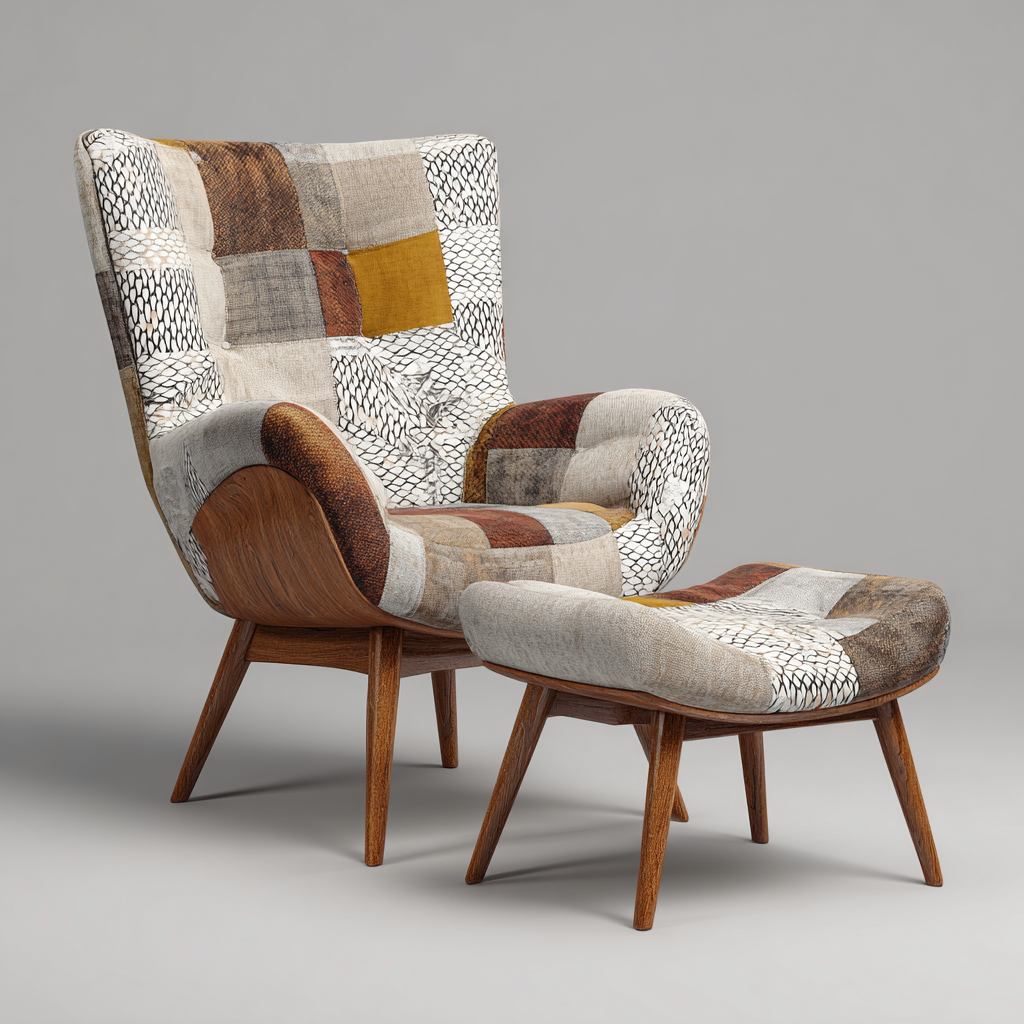 Sillón tapizado patchwork 90x85x105 cm - multicolor - apto para salón - estilo nórdico con reposapiés-Monoiohome