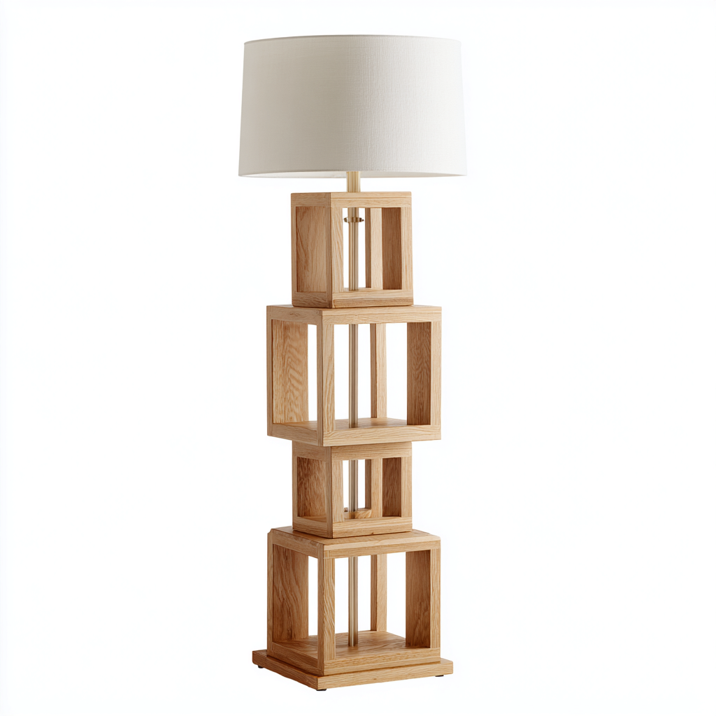 Lámpara de pie madera - tela 38x38x155 cm - blanco - madera natural - diseño moderno para salón-Monoiohome