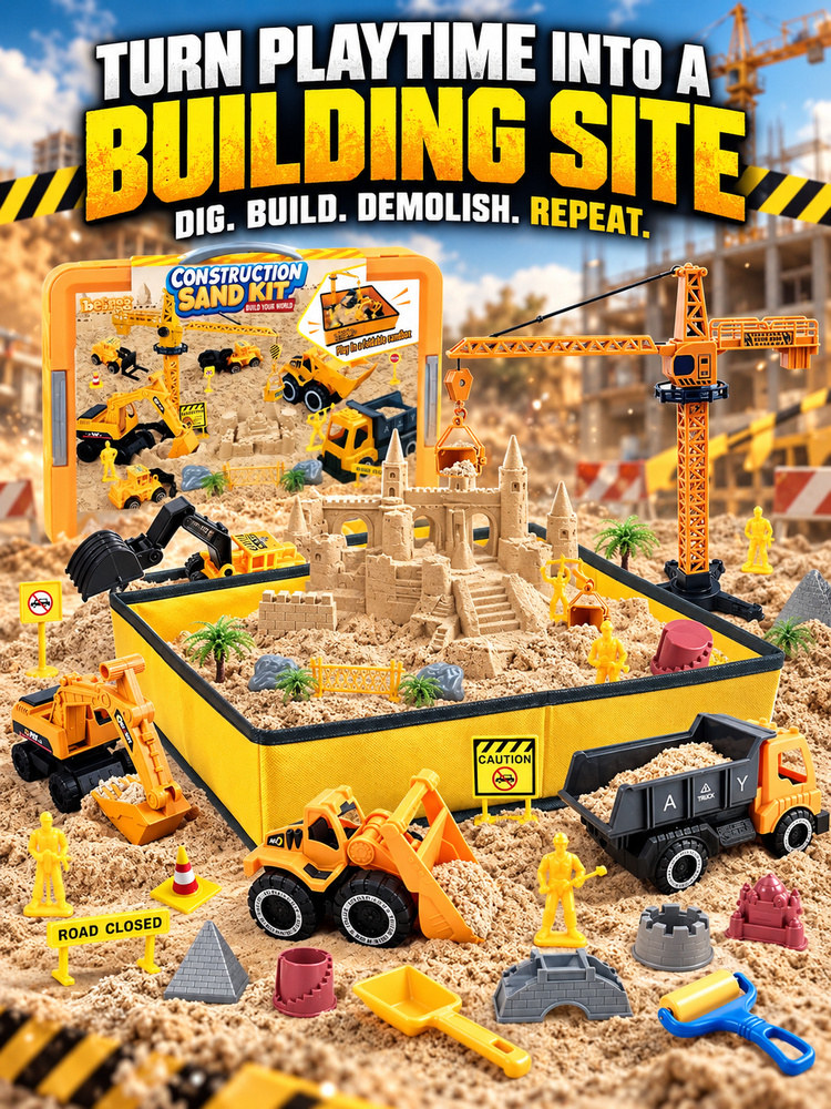 Kids Construction Sand Play Kit, Engineering Toy Set with Play Mat, Trucks, Crane & Sand Molds, Boosts Focus & Creativity for Toddlers