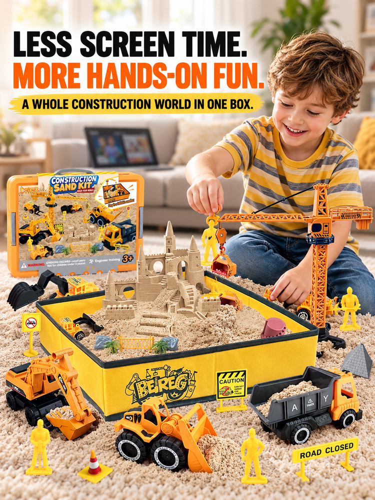 Kids Construction Sand Play Kit, Engineering Toy Set with Play Mat, Trucks, Crane & Sand Molds, Boosts Focus & Creativity for Toddlers